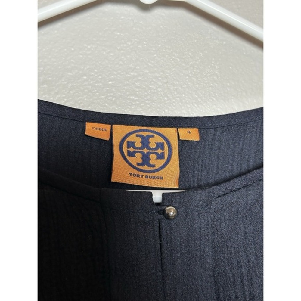 Tory Burch Women's‎ 100% Silk Navy Crinkle Long Sleeve Blouse 4 Designer Office - Picture 5 of 8